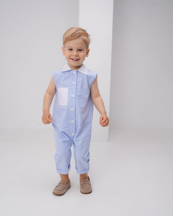 Salopeta albastra cu buzunar alb